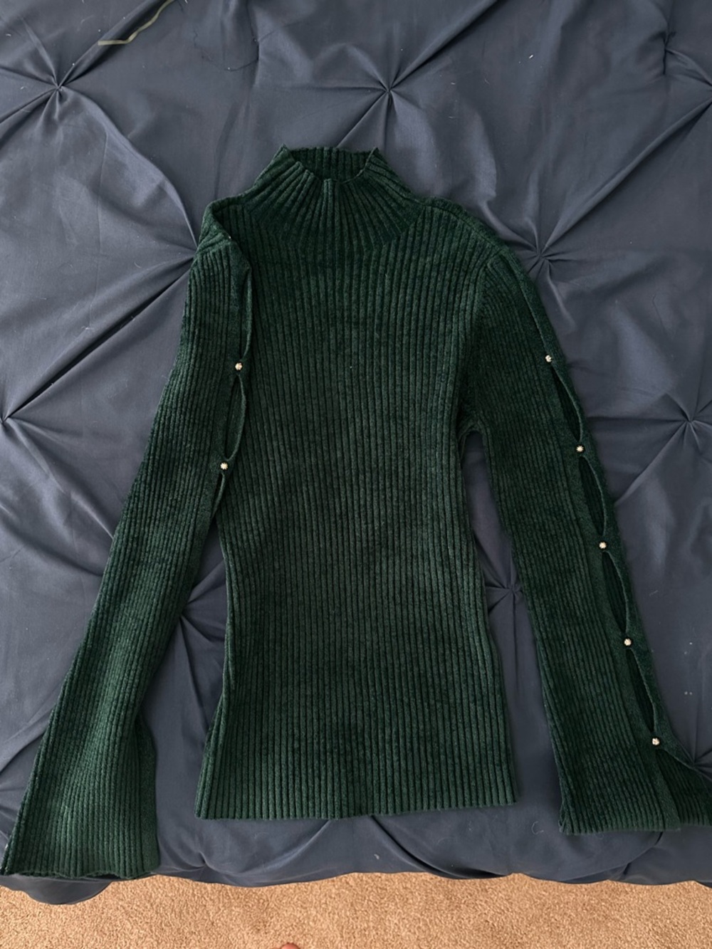 Dark Green Ribbed Mock Neck Sweater with Pearl-Accent Sleeves